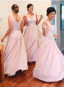 Casual A-Line V-Neck Floor Length Pink Bridesmaid Dress with Ruched