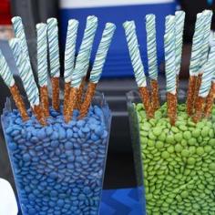 Blue and Green Candy Melt Dipped Pretzels