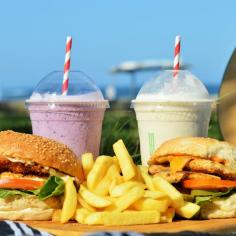 Rooster Burger with Chicken Schnitzel & Stella Burger with Grilled Chicken Breast, Chips and Frappe's