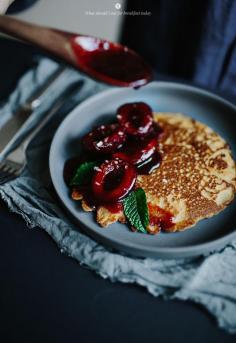 Healthy pancakes with plum compote