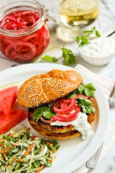 Grilled Honey Sriracha Chicken Burgers with Cilantro Cream and Pickled Onions