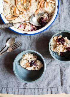 coconut rice pudding with roasted cherries