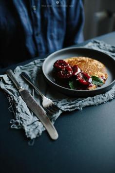 Healthy pancakes with plum compote