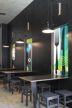 ♂ Artistic commercial public space design - Bar Testoni in Sydney is a contemporary place to pick up a sandwich and coffee in the Mosman area, standing out from the crowd by its heavy use of black, punctured by sections of colourful graphics.