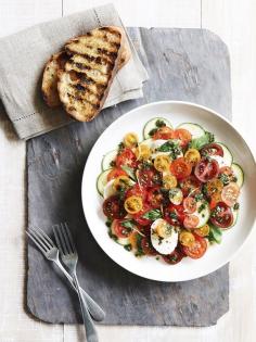 Mixed Tomato and Zucchini Crudo with Buffalo Mozzarella, on freshly grilled bread via @The Design Files
