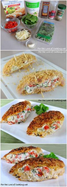 Panko Crusted Chicken Stuffed with Ricotta, Spinach, Tomatoes, and Basil