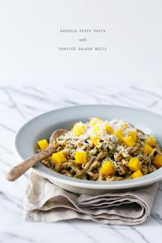 Arugula Pesto Pasta with Roasted Golden Beets from @LoveAndOliveOil | Lindsay Landis