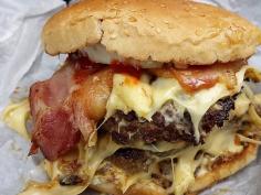 Burger with triple patty, egg, bacon, and cheese at Andrew's Hamburgers in Melbourne, Australia. #burgers #bacon #wishlist