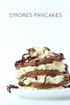 S'mores Pancakes - chocolate pancakes with toasted marshmallow graham cracker cream and chocolate sauce!