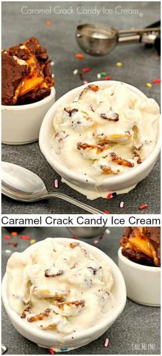 Caramel Crack Candy Ice Cream Rich and creamy vanilla ice cream full of a butter, salted caramel Crack Candy. This Caramel Crack Candy Ice Cream will knock your socks off!