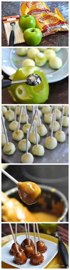 Simple and delicious! Kids love food on sticks! Mini Caramel Apples Recipe, perfect for thankgiving