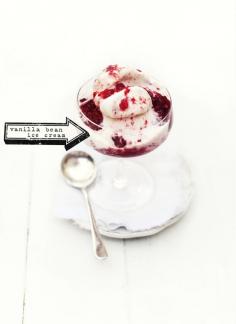 vanilla bean ice cream with warm strawberry sauce