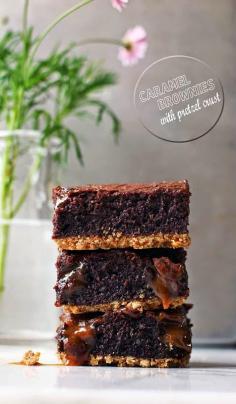 Caramel Brownies with Pretzel Crust