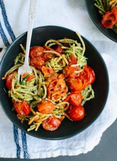 Vegetarian pesto, squash noodles and spaghetti with burst cherry tomatoes - cookieandkate.com