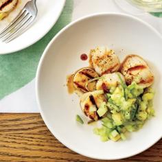 Grilled Scallops with Honeydew-Avocado Salsa | To go with grilled scallops, Marcia Kiesel creates her own version of salsa verde by combining sweet honeydew and buttery avocado in a salsa.