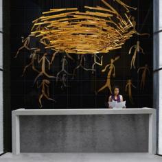 Nest -  Yellow Goat Design Ltd | Australia. Dimensions shown: 2700 dia x 700mm (8’ 10” dia x 2’ 3”). Material: Brass / White Powder coated aluminum. Design: Richard Neville