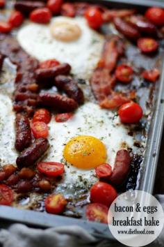 Bacon and Eggs Breakfast Bake | www.diethood.com | Warm and delicious one-dish breakfast bake with eggs, bacon, sausage and tomatoes. | #recipe #breakfast #bacon