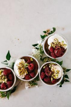 Salted Chocolate, Raspberry and Pistachio Pots de Crème