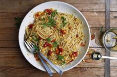 Pasta with Summer Corn, Slow-Cooked Tomatoes, and Garlic Confit
