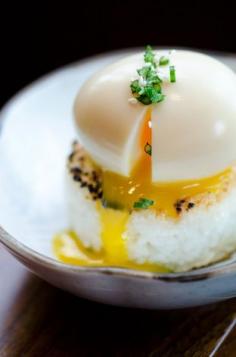Soft boiled egg on crispy rice cake