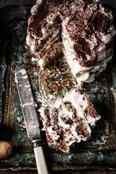 Tiramisu cake with hazelnut dacquoise and lady fingers