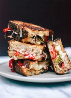 Balsamic roasted broccoli, red pepper and onion grilled cheese sandwiches - cookieandkate.com