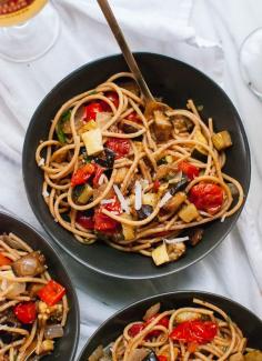 A simple, vegetarian summer meal of roasted ratatouille and spaghetti!  - cookieandkate.com