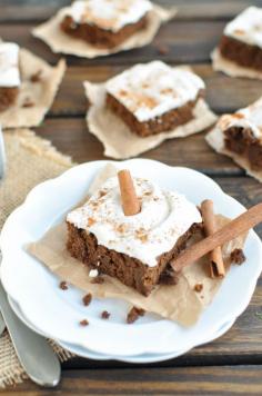 These Cinnamon Spice Bars are rich in spice flavor with a light fluffy frosting - they are a perfect guilt free fall treat.  #paleo, #grainfree, #glutenfree