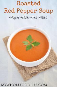 Roasted Red Pepper Soup. Roasting adds a deeper level of flavor to this healthy soup recipe. #vegan #glutenfree #paleo