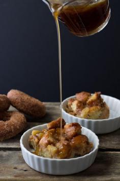 Apple Cinnamon Doughnut Bread Pudding with Maple Butter Rum Sauce