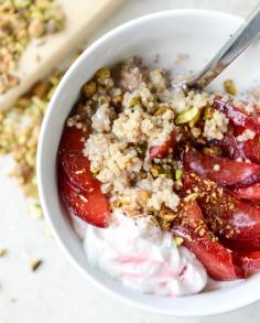 baked breakfast quinoa with plums and pistachios
