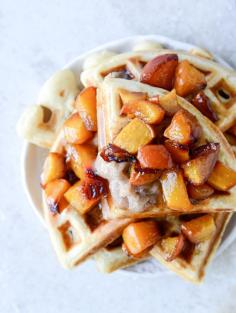 vanilla yeasted waffles with roasted peach maple syrup