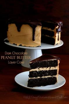 Chocolate Peanut Butter Layer Cake - dark chocolate layers with creamy peanut butter frosting and chocolate ganache.