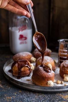Peanut Butter Cheesecake Doughnuts with Salted Chocolate Bourbon Caramel