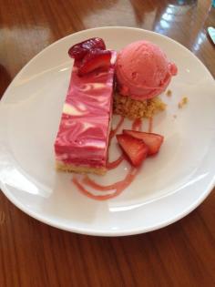 the strawberry Ricotta Cheesecake came highly recommended at Stella's restaurant in Macys.
