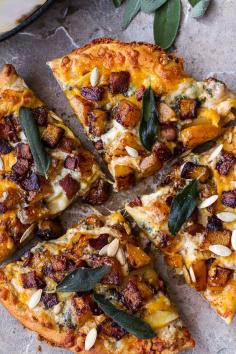 Sweet 'n' Spicy Roasted Butternut Squash Pizza w/Cider Caramelized Onions + Bacon