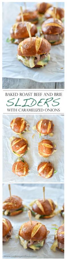 Baked Roast Beef and Brie Sliders with Caramelized Onions | www.cookingandbee... | @Justine | Cooking and Beer