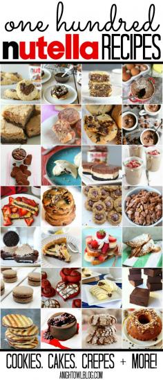 Oh Nutella! This post has over 100 Nutella Recipes - Cookies, Cakes, Crepes and MORE! YUM! #nutella #recipes