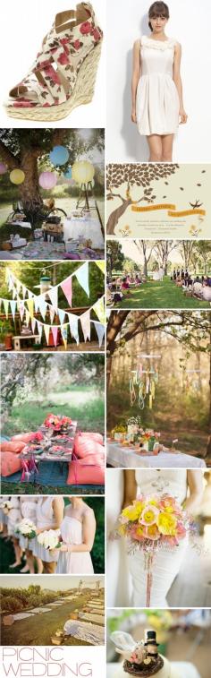 
                        
                            Picnic wedding: lazy summer afternoon, floaty organza and vintage fabric bunting. Sigh...now all I need is a glass of homemade lemonade in a Mason jar!
                        
                    