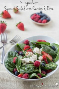 5-Ingredient Spinach Salad with Berries & Feta Cheese | Roxy's Kitchen - This salad has it all: fiber, protein, iron, calcium, so many vitamins and it’s packed with antioxidants for a youthful skin. Perfect summer salad, ready in just 10 mins!