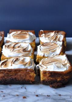 Pumpkin Cheesecake Squares with Toasted Marshmallow Frosting
