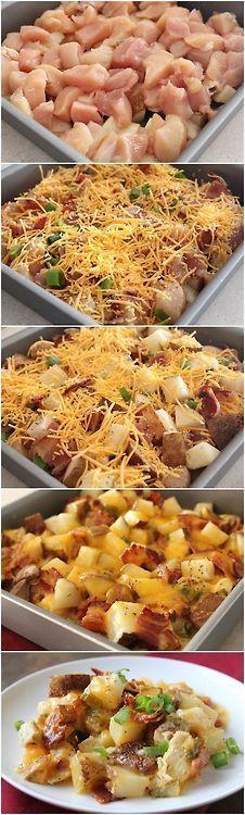 Loaded baked potato and chicken casserole. Quick and easy, feeds the whole family!