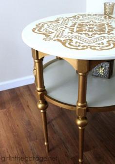 
                        
                            Table Makeover with Old White Chalk Paint®, the Lisboa Tile Stencil from Royal Design Studio and  Olympic Gold Metallic Paint by Modern Masters | Girl in the Garage
                        
                    