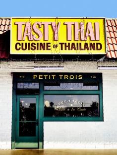 
                    
                        Petit Trois Los Angeles restaurant tour // Original sign at restaurant's exterior.
                    
                