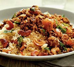 Moroccan spiced mince with couscous  Adding dried fruit, fresh mint and warm spices to savoury dishes is typical of North African cooking. Quorn replaces meat in this recipe