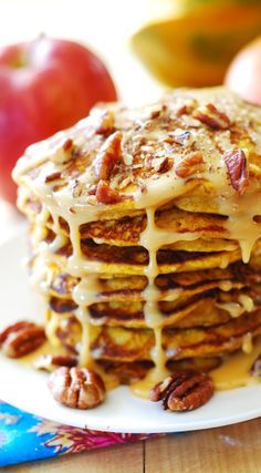 
                    
                        Perfect breakfast or brunch: pumpkin pancakes drizzled with caramel pecan sauce. Or, you can drizzle them with dulce de leche (cooked sweetened condensed milk)
                    
                