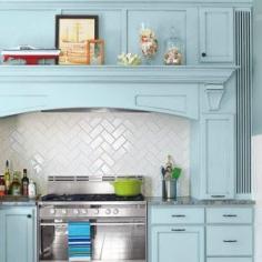 
                    
                        Herringbone Tile Backsplash with subway tile Love the cabinet color and the mantle above the stove
                    
                