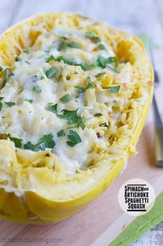 Spinach Artichoke Spaghetti Squash - A healthier way to serve a favorite dip, this spaghetti squash is combined with spinach, artichokes, and a creamy cheese sauce.