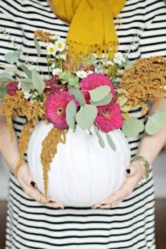 DIY Floral Arrangement in a Pumpkin Vase via Burlap and Lace