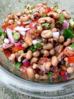 
                    
                        BIKINI FIT LUNCH: Black-eyed Pea Salad   2 cans black-eyed peas, 1 diced tomato, 1/2 diced red onion, 1 small or 1/2 large red, yellow, or orange bell pepper, 1 jalapeno,4 green onions, 1/3 cup cilantro, 1/4 cup rice wine vinegar (unseasoned), 2 Tbsp. canola oil, 1/2 tsp. organic cane sugar, salt and freshly ground black pepper.  Bean dishes are a good substitute for meat dishes when trying to get fit!
                    
                